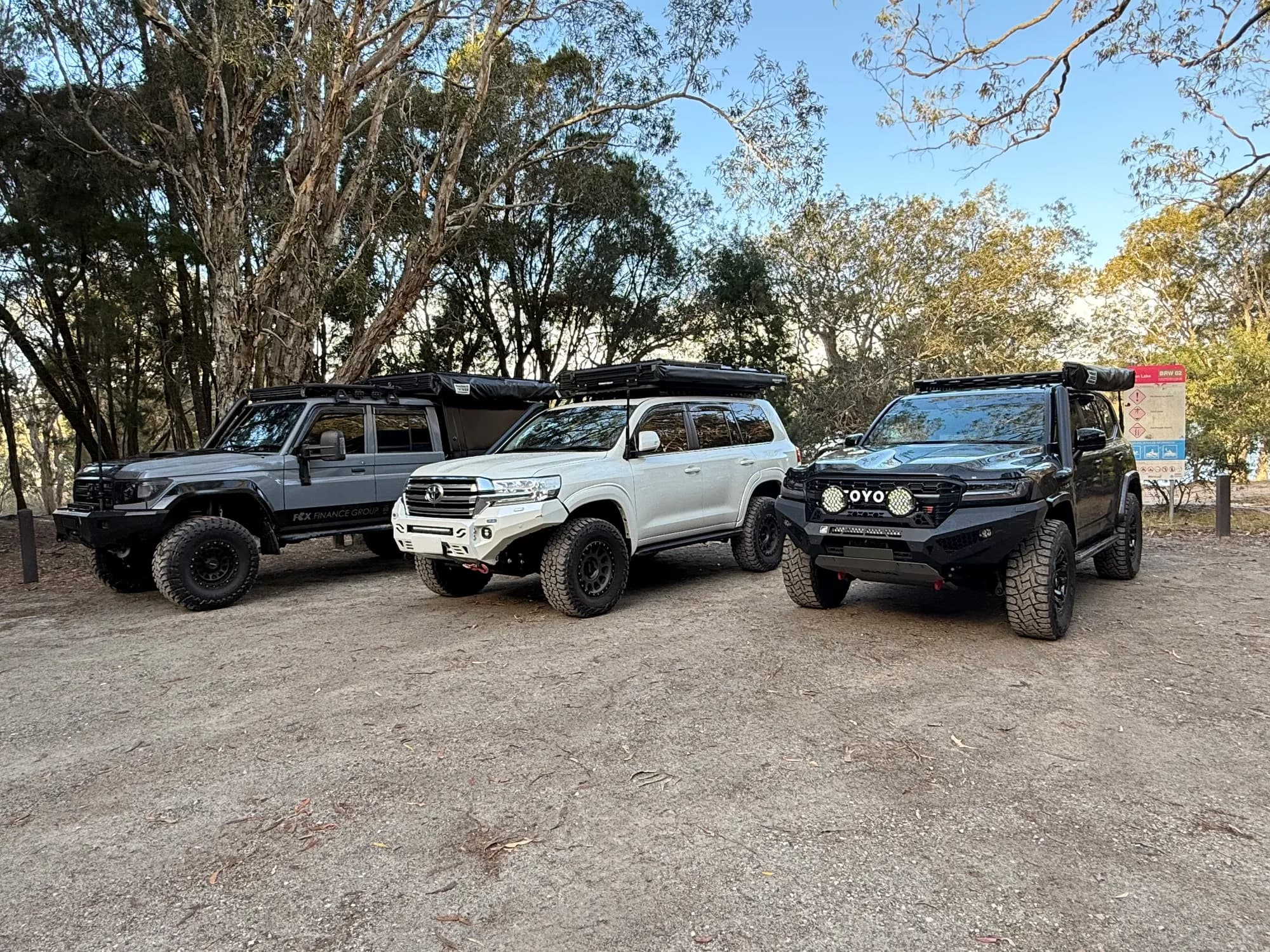 A grey 79 Series, a white 200 Series and a black LandCruiser 300 parked together under paperbark trees